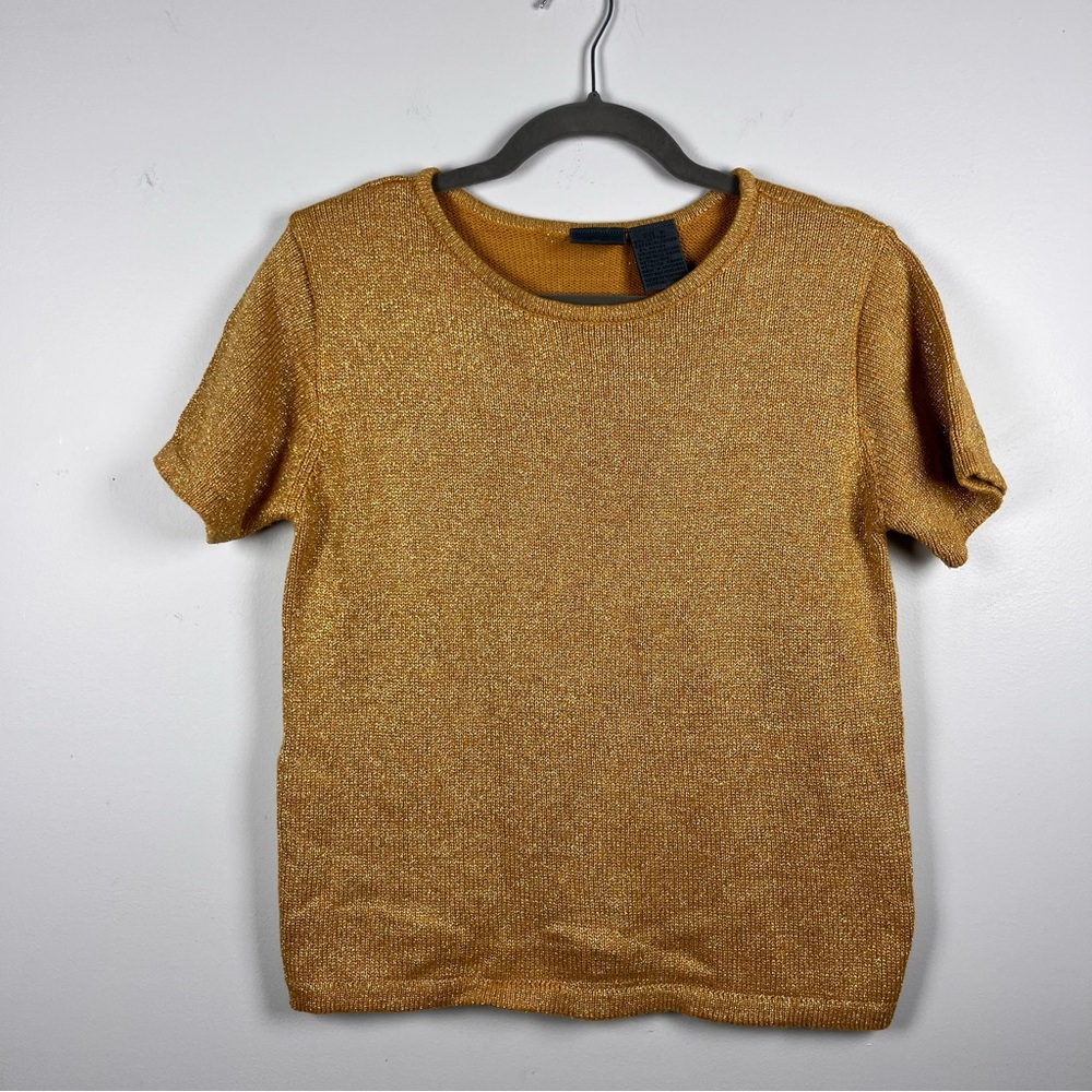 Vintage Liz Wear Gold Metallic Sparkle Knit Short Sleeve Top Medium Holidays